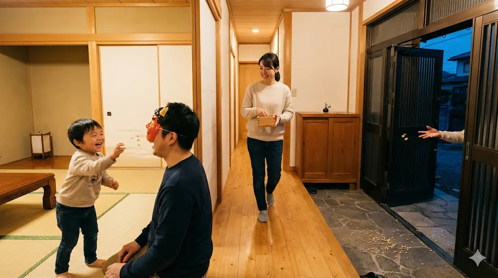 家の奥から玄関へ豆まきを進める子供たちのイメージ画像