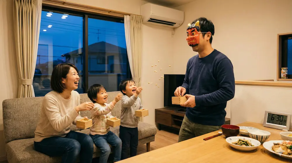 夕暮れ時に家族揃って豆まきを開始する風景のイメージ画像