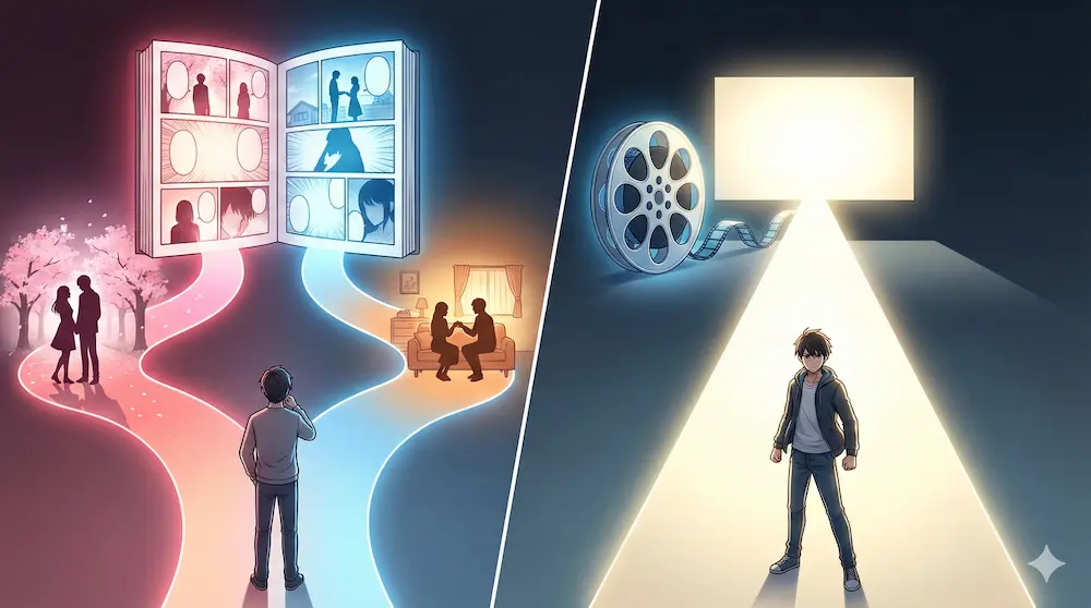 原作の分岐エンドと映画の単一エンドを比較したイメージ画像