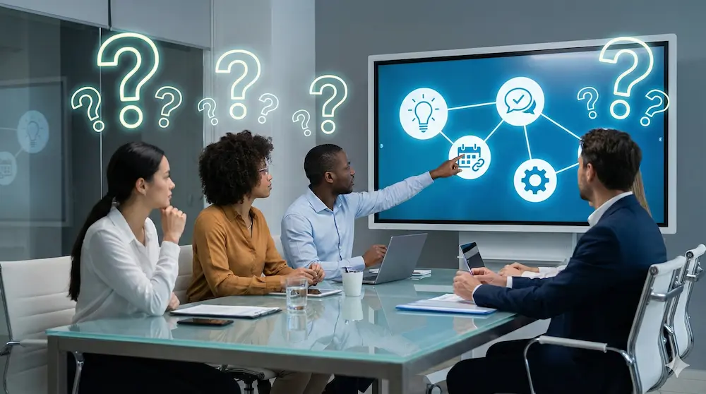 会議の略称に関するよくある疑問をモニターで解説するイメージ画像