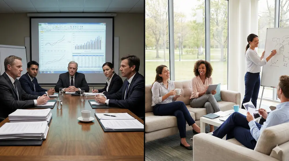 重厚な会議室とカジュアルな対話の雰囲気の違いを比較したイメージ画像