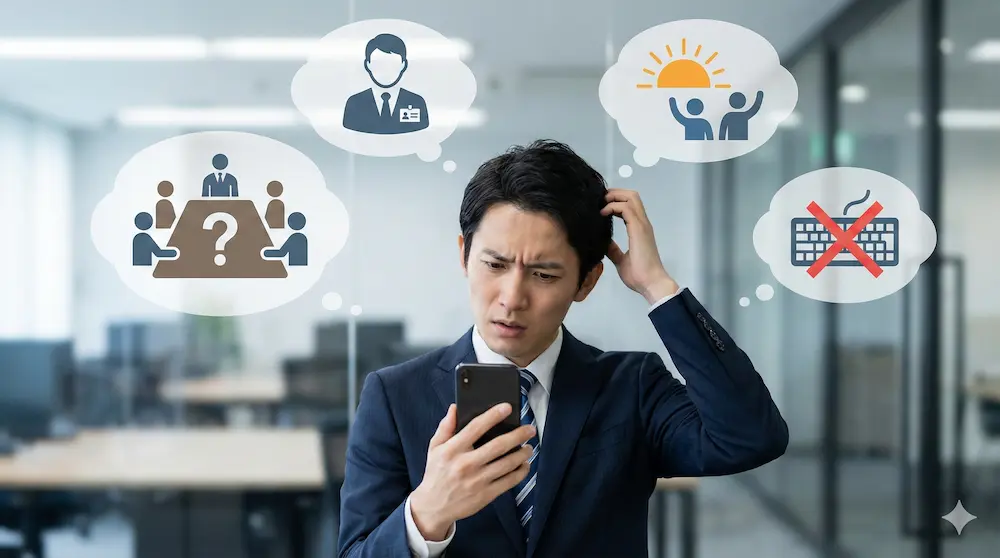 メッセージの略語の意味が分からず困惑する会社員のイメージ画像