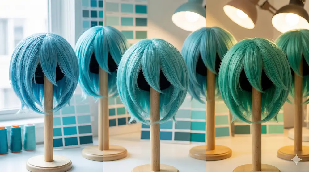 ブルーグリーンの微妙な色味の違いを比較したウィッグのイメージ画像