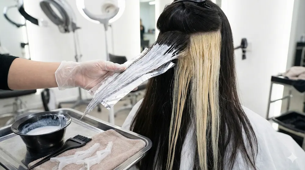 地毛を染める際のブリーチによる下地作りを説明するイメージ画像