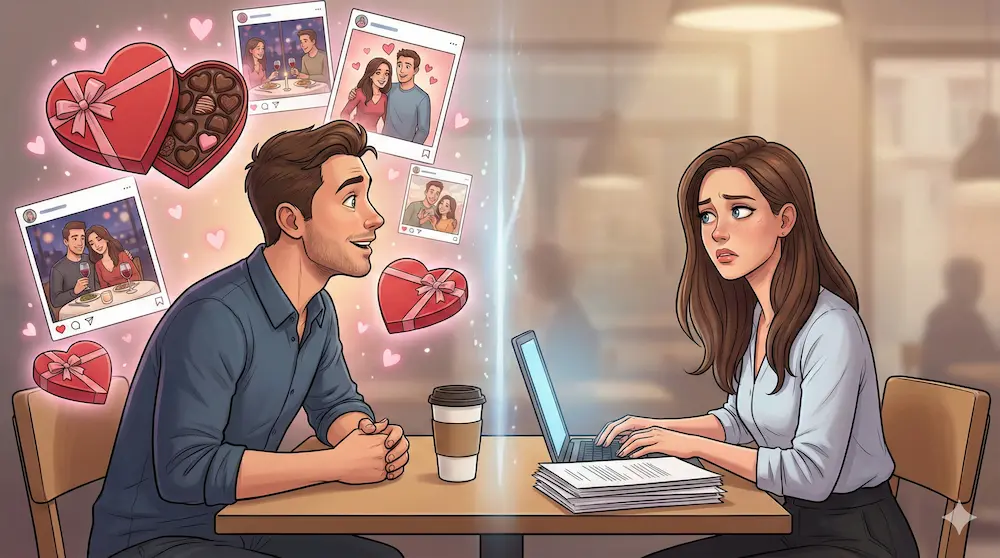 過度な期待を持つ男性と現実に追われる女性のすれ違いを表したイメージ画像