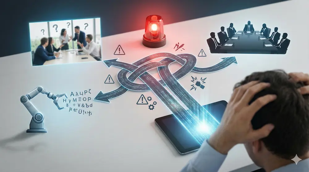 略語の解釈のズレから生じる意思疎通の混乱を描いたイメージ画像