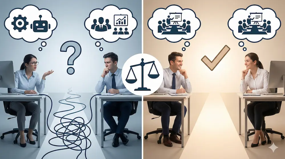 2つの略語のどちらを使うべきか天秤にかけて検討するイメージ画像