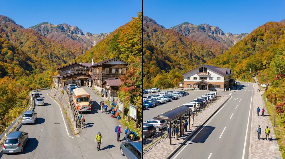 中房渓谷へ続く山道と公共交通機関の利便性を説明するイメージ画像