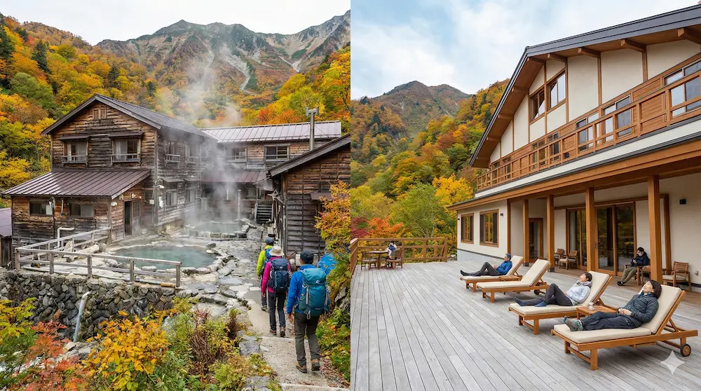 秘湯感漂う温泉宿と高機能なロッジの特徴を対比したイメージ画像