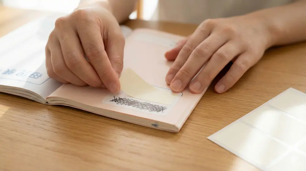 名前シールを使って誤字をカバーする様子を描いたイメージ画像