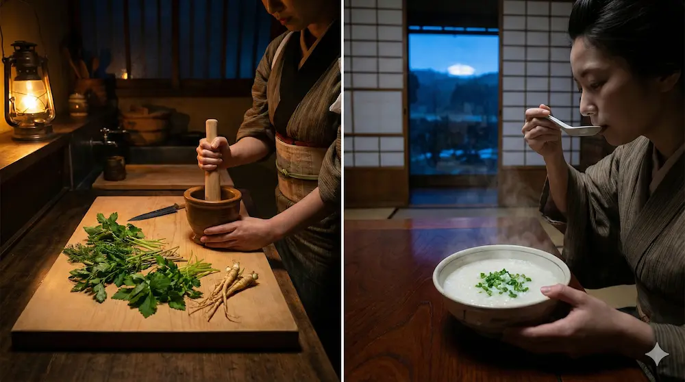 七草粥の儀式や伝統的な正しい作法をイメージしたAI生成画像