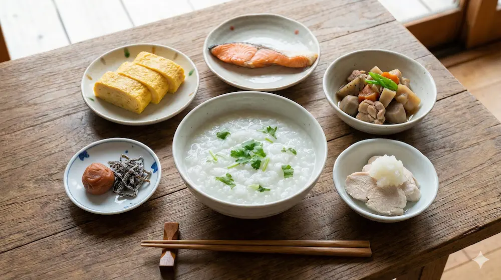 七草粥に合う栄養バランスの良い和食おかずを添えたイメージ画像