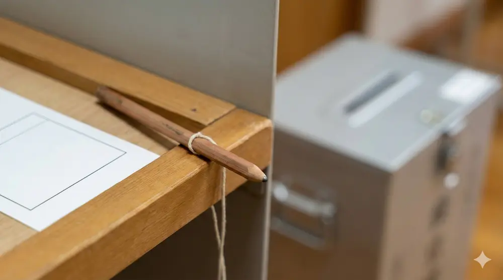 投票所の記載台に備え付けられた鉛筆を説明するイメージ画像