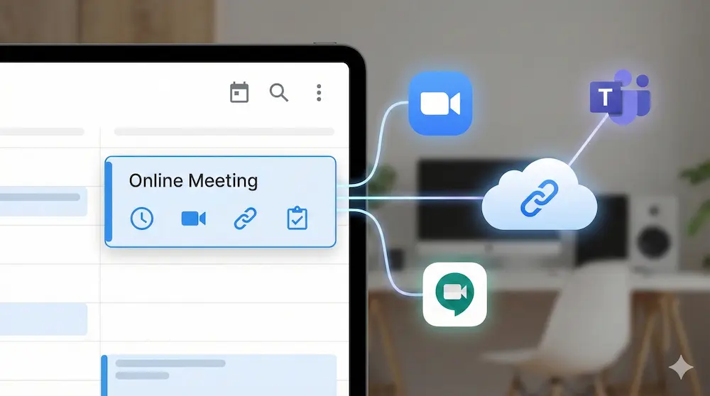ツール名やURLが整理されたオンライン会議の予定表のイメージ画像