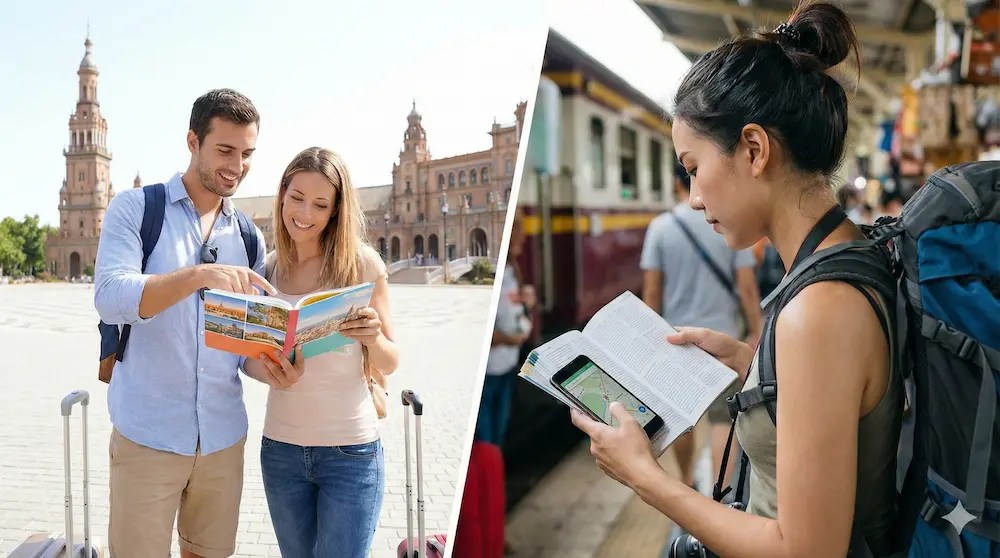 海外の観光地でガイドブックやスマホを活用する旅人を表したイメージ画像