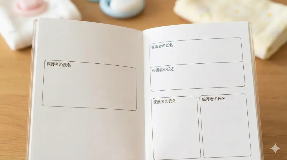 母子手帳の保護者氏名欄への記入例を説明するイメージ画像