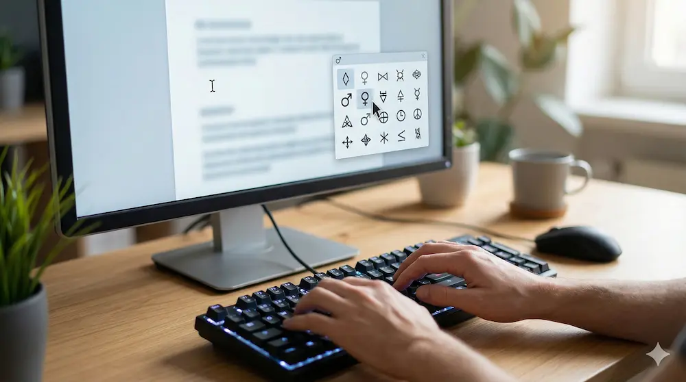 パソコンのIME変換や記号パレットでの入力方法を説明するイメージ図