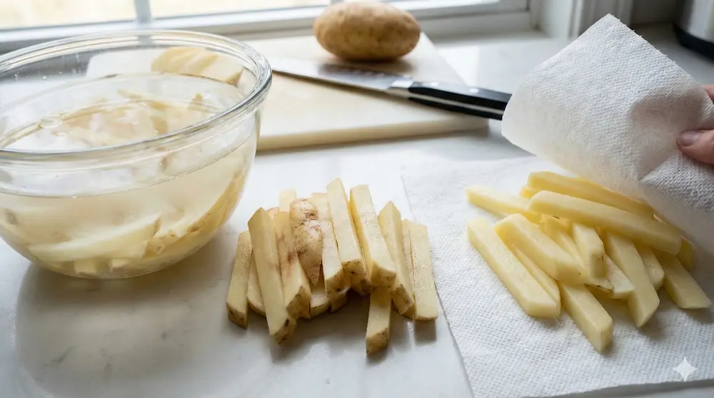 ボウルの水にじゃがいもをさらし、表面のでんぷんを落とす下準備のイメージ