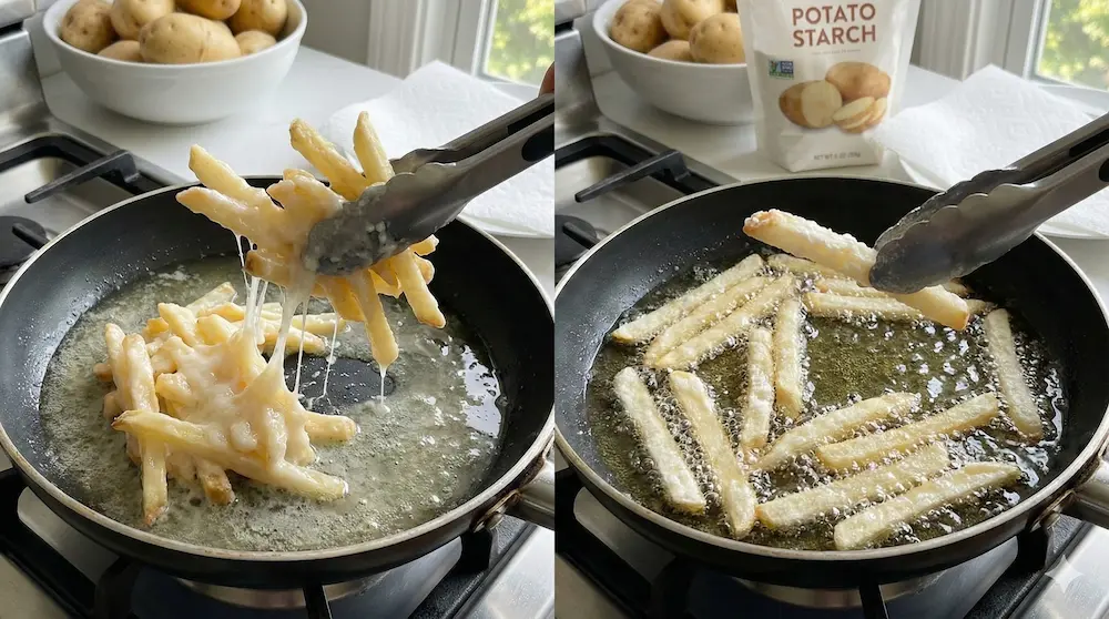 揚げている最中にポテト同士がくっつかないよう工夫する様子を説明する図