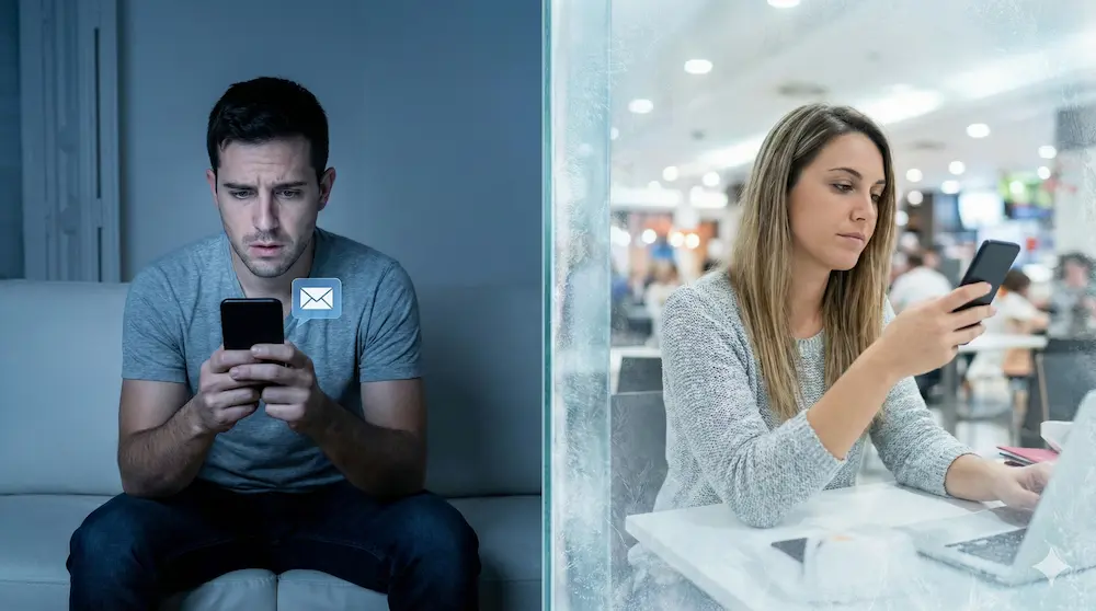 返信を待つ男性と別の事に集中する女性の心の温度差を表したイメージ画像