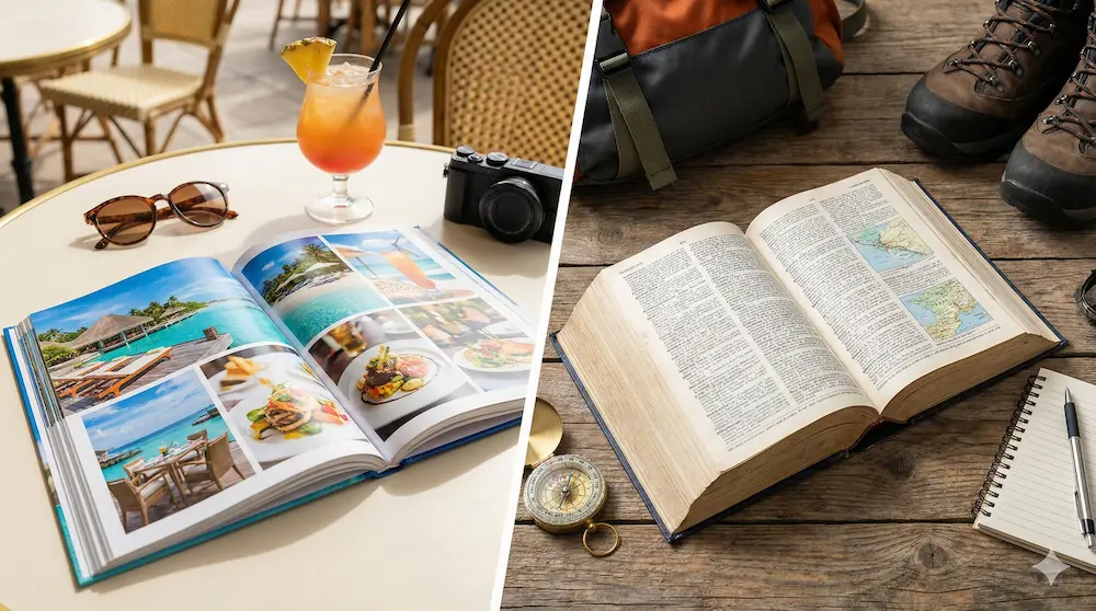 ビジュアル重視の雑誌型と情報量重視の辞書型を比較したイメージ画像