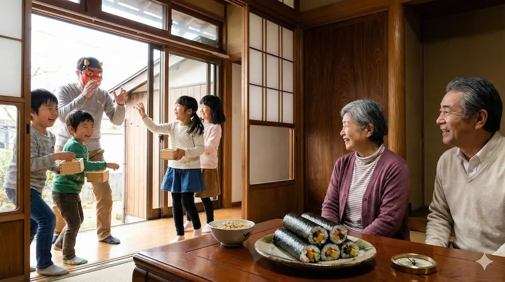 節分の豆まきと恵方巻きを楽しむ三世代家族のイメージ画像