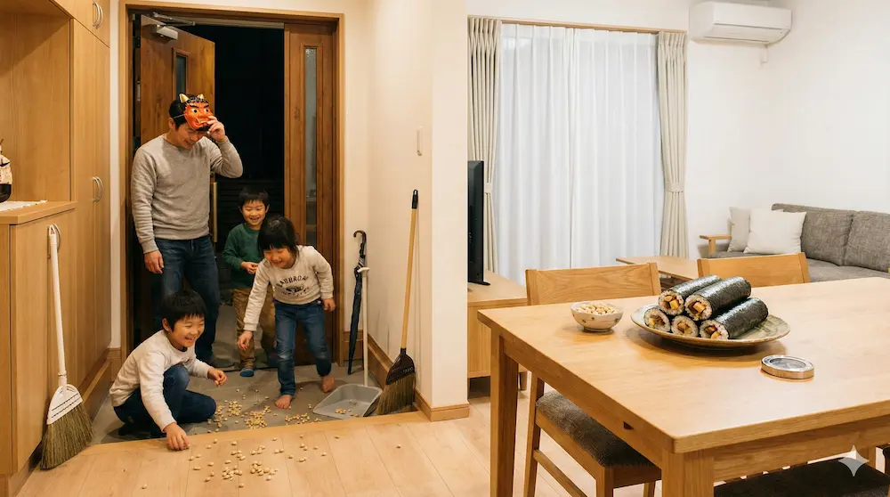 豆まきを終えて恵方巻きを囲む家族の和やかなイメージ画像