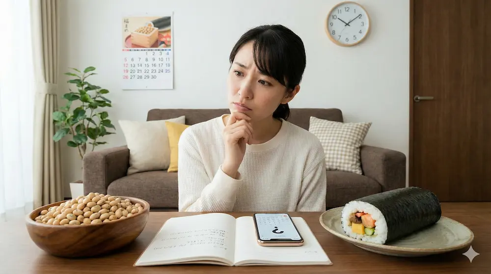 節分の段取りを考えながら食卓を囲む家族のイメージ画像