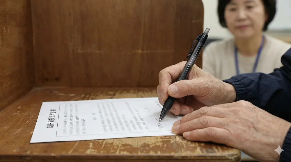 記載台でペンを使い、書類に署名する様子を表現したイメージ画像