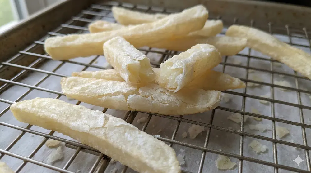 片栗粉を薄くまぶしてカリッと白っぽく揚げた、軽やかな食感のポテトイメージ