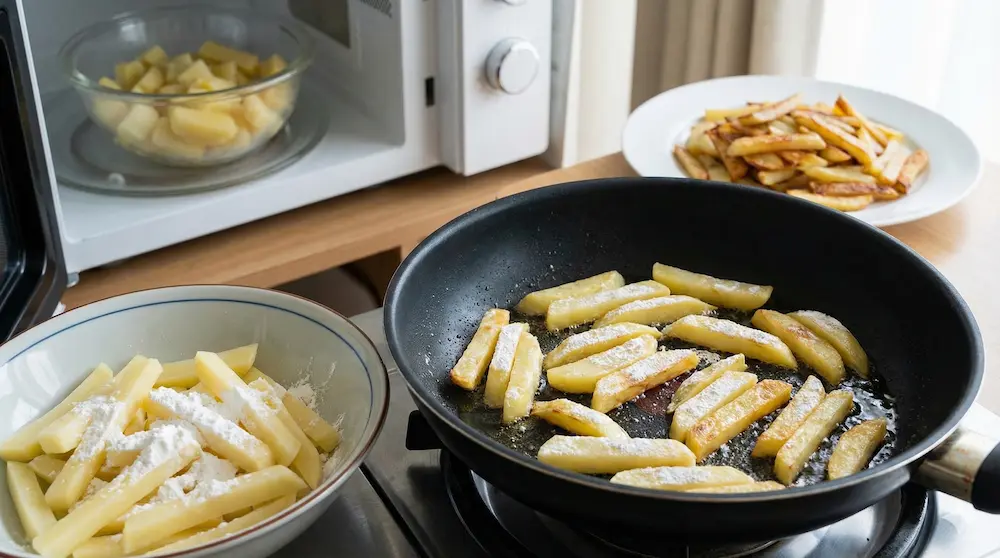 フライパンに少量の油を引き、片栗粉をまぶして焼き付ける調理のイメージ