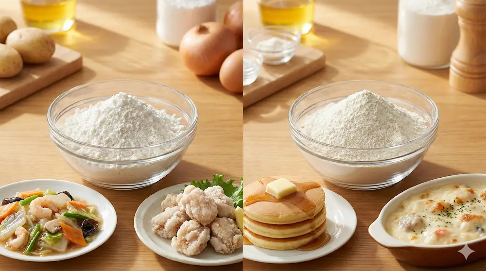 片栗粉と薄力粉の性質の違いと使い分けを解説するイメージ画像