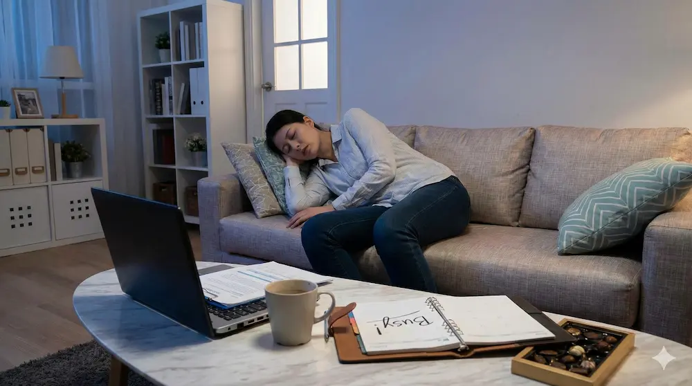 仕事の疲れで寝入ってしまいバレンタインをスルーする女性のイメージ画像