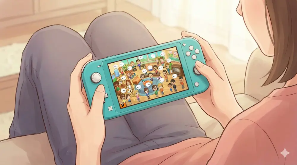 携帯専用ゲーム機で手軽にプレイする様子を描いたイメージ画像