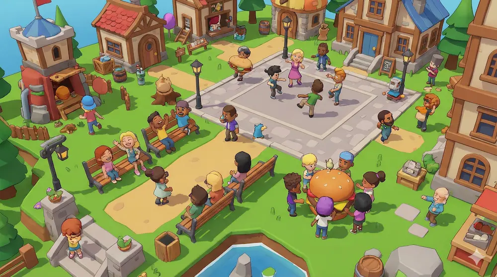 多彩な住人が生活する島の賑やかな様子を描いたイメージ画像