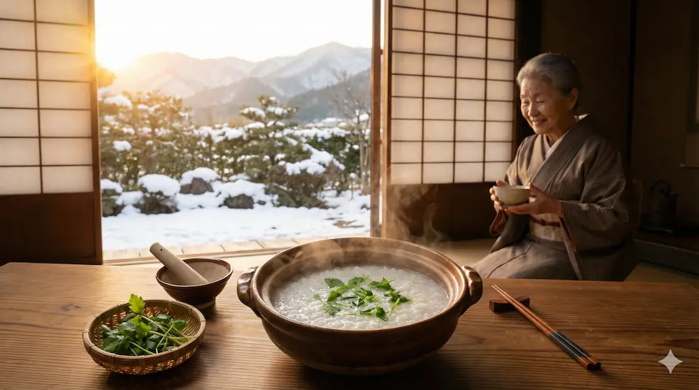 伝統的な七草粥の食文化と食べるタイミングを表現したイメージ画像