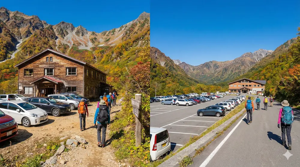 登山口付近の駐車場とマイカー利用の利便性を表現したイメージ画像
