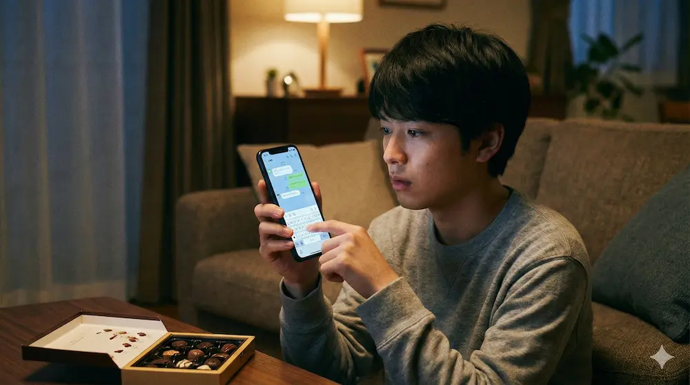 自宅でリラックスしながらチョコの感想をLINEする男性のイメージ画像