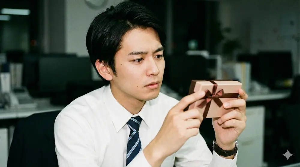 受け取ったチョコを見つめて相手を意識し始める男性のイメージ画像