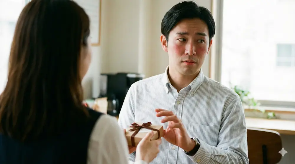 チョコをもらって照れた表情を浮かべる男性の反応を描いたイメージ画像