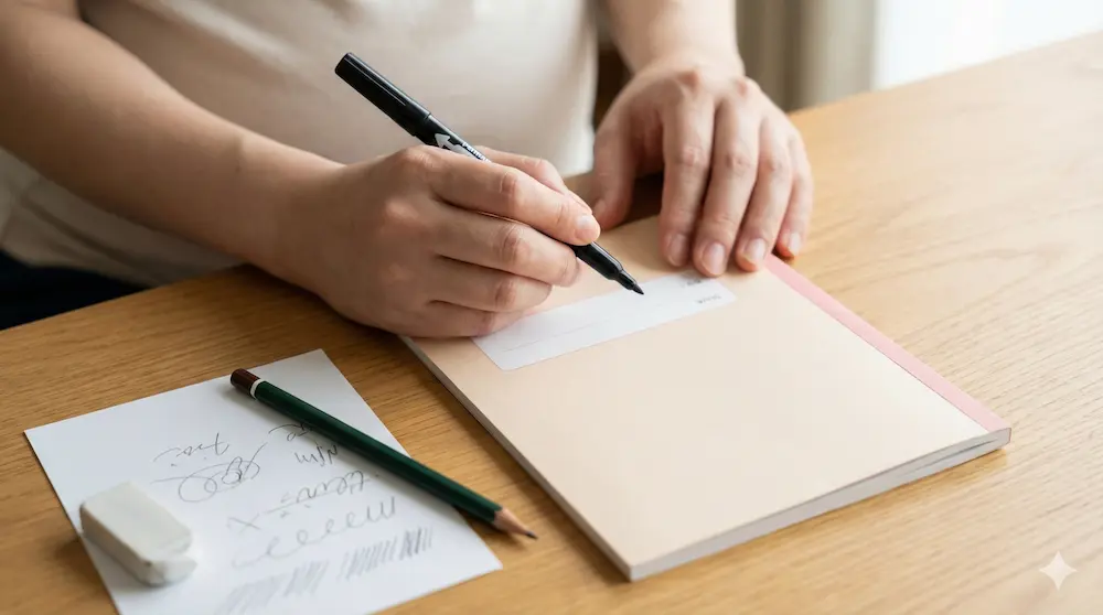 母子手帳の表紙を丁寧に清書する様子を表したイメージ画像