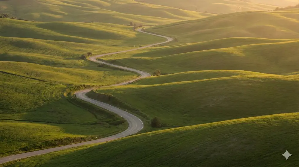 なだらかな起伏が続く道で英語表現を表現したイメージ画像