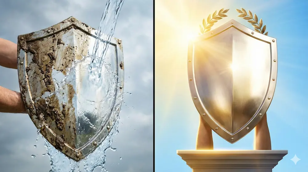 汚名返上と名誉挽回の違いを磨かれる盾で表したイメージ画像