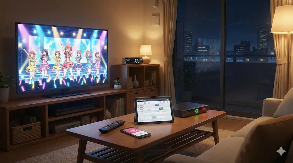 深夜に自宅でアニメ放送を待機する風景を描いたイメージ画像