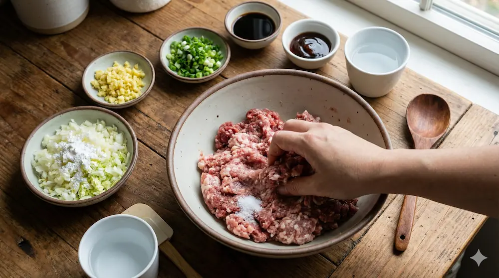 失敗しにくい焼売の基本的な材料と練り順を説明するイメージ画像