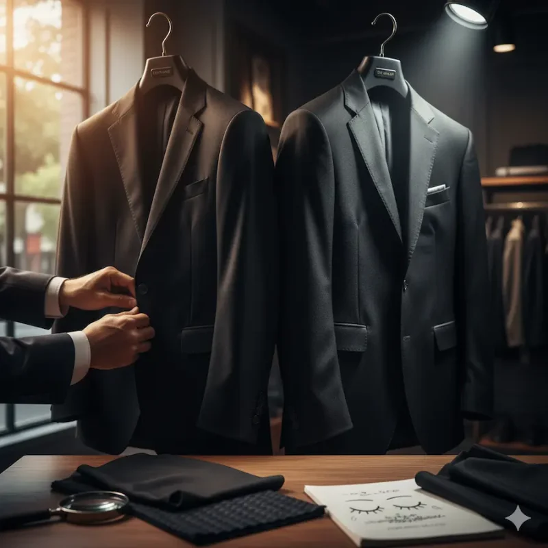 礼服の黒の濃染加工や光の反射の違いを説明するイメージ画像