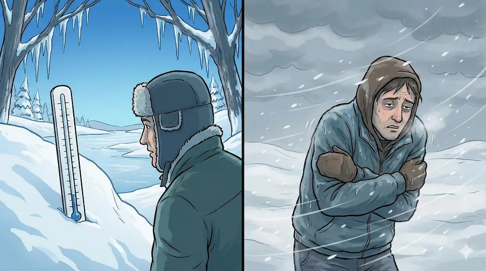 統計的な気温の低さと体感的な寒さのピークを描いたイメージ画像
