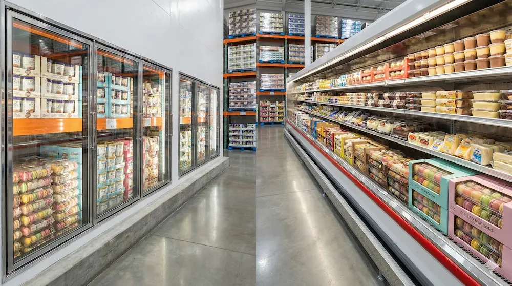 コストコ店内の冷凍・冷蔵売り場の配置を説明するイメージ画像