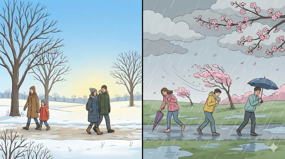 12月の安定した寒さと3月の不安定な気候の差を表すイメージ画像