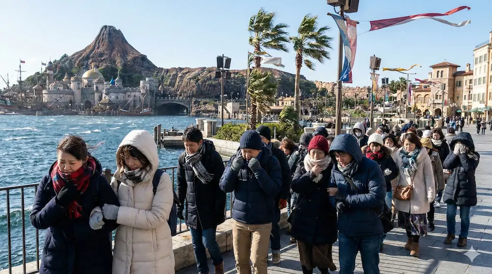 海風が吹く冬のテーマパークでの寒さを表現したイメージ画像